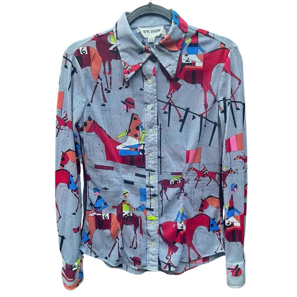 1970's NOVELTY EQUESTRIAN WAYNE ROGERS SHEER BUTTON-UP SHIRT

Women's: Small